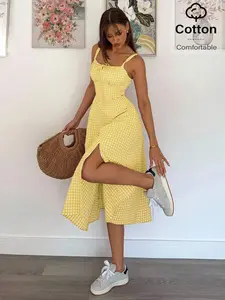 Women's Casual Plaid Print Spaghetti Strap Slit Midi Dress Women Summer Clothing Women Summer Sets Woman Summer Clothes Women Clothes Women Plus Sun Dress Yellow Summer Dress Women Yellow Sundress Women Cotton Summer Dresses Gingham Summer Dress Summer Dr