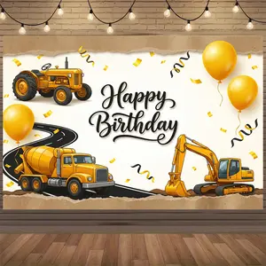 Construction Theme Birthday Backdrop, Polyester Photo Booth Home Wall Party Decor, Party Banner