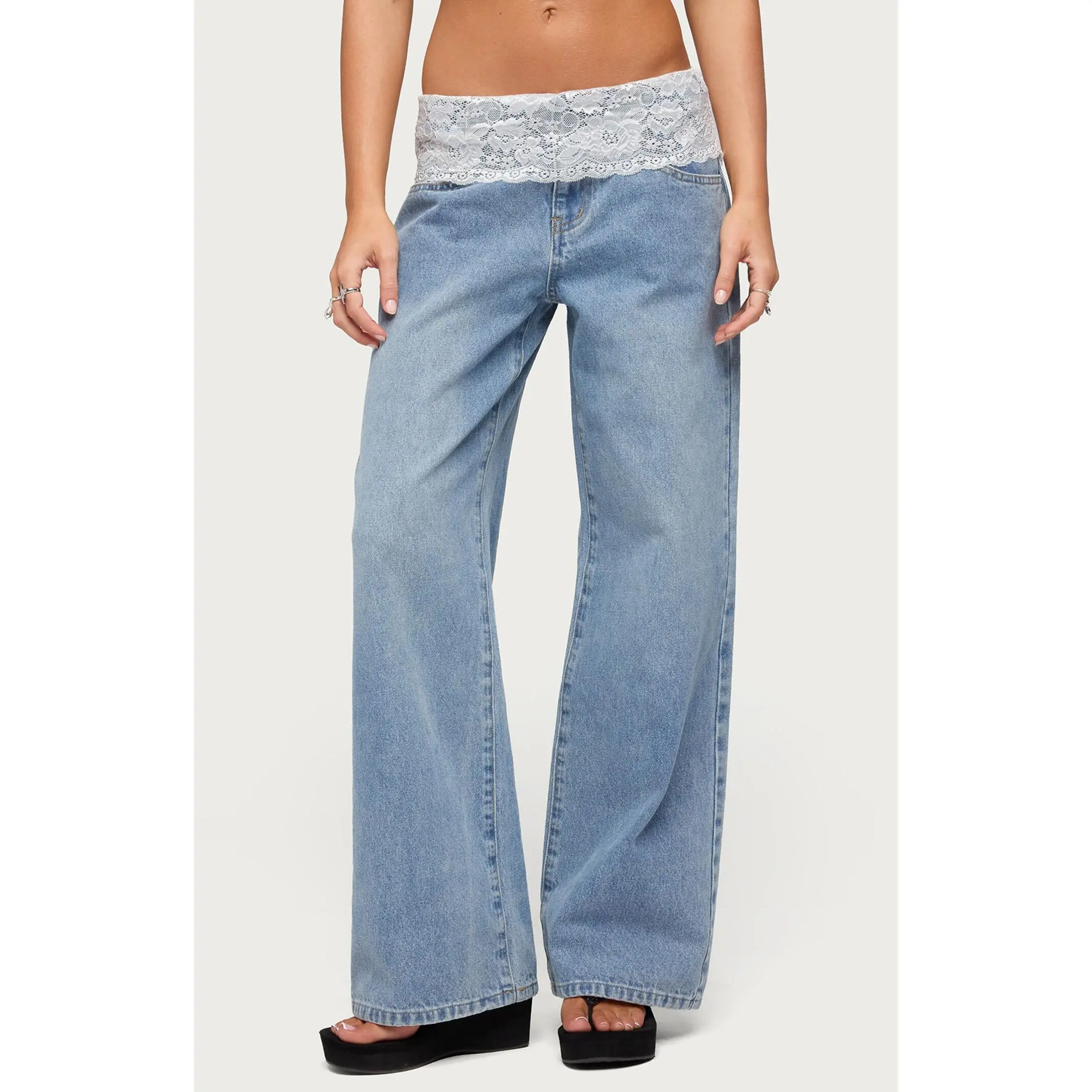 Edikted Women's Lacey Foldover Low Rise Baggy Jeans