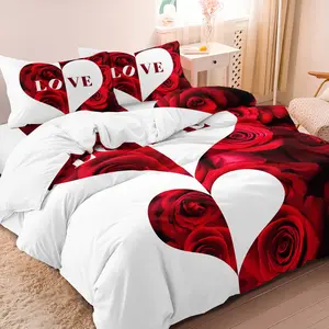 3pcs Set Red Rose Love Print Duvet Cover Set Floral Bedding Sets Suitable For Bedroom Hotel Inn School Dormitory Can Be Used As Holiday Gifts Decorative Bedding Set (1*Duvet Cover + 2 Pillowcases, No Comforter, No Pillow)
