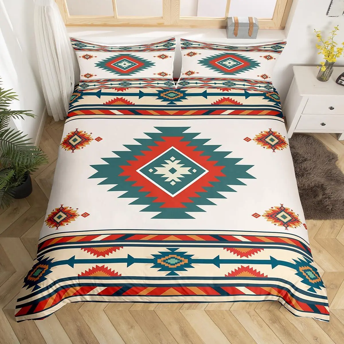 Southwestern Geometric Bedding Set Kids Boho Beige Comforter Cover Set for Boys Teens Indian Tribal Geometric Duvet Cover Breathable Retro Exotic Boho Bedspread Cover Room Decor Quilt Cover