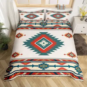 Southwestern Geometric Bedding Set Kids Boho Beige Comforter Cover Set for Boys Teens Indian Tribal Geometric Duvet Cover Breathable Retro Exotic Boho Bedspread Cover Room Decor Quilt Cover