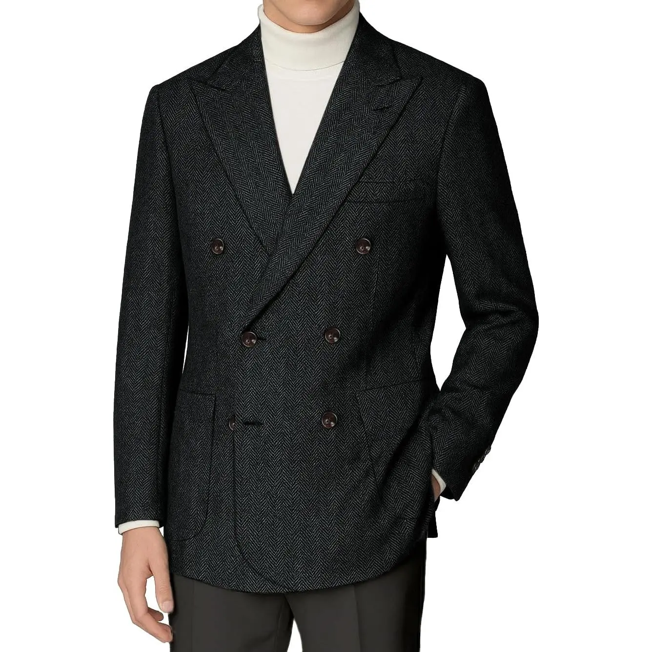 Men's Classic Retro Tweed Double-Breasted Slim-Fit Blazer - Smooth Wool-Blend Herringbone Menswear Jacket for Formal Business, Prom - Pair with T-Shirt, Tie, Pockets, Casual