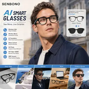 Senbono Ai Smart Glasses, 2mp Camera, Color-Changing Lenses, Wireless Audio, Ai Multilingual Translation, Decorative Lens, PC Frame