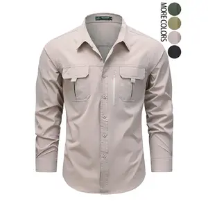 Men's Sun Protection Fishing Shirt Long Sleeve Travel Work Shirt, Elastic Zipper Pocket, Button Fixed Outdoor Clothing