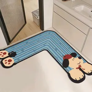 1pc Irregular L-Shaped Kitchen Mat, Cat Dog Print Cartoon Design, Absorbent Non-Slip Silicone Bath Mat, Easy Clean Home Decor Rug, Kitchen Floor Mat
