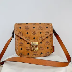 Pre-owned MCM Visetos Cognac Studded Envelope Crossbody Shoulder Bag Preowned Designer Leather Messenger Bag