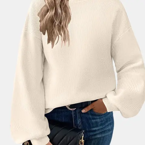 ZEAGOO Women's Soft Mock Neck Flower Knit Top - Oversized Drape Lantern Sleeve Pullover, Medium Stretch, Exquisite Craft Textured Polyester-Viscose-Nylon Knitwear, Chic Comfy Fit for Jeans Pairing