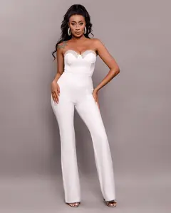 Sweet Corset Bandage Jumpsuit - Strapless Design with Flared Legs for Stylish Wear Women's Party Wear Overall Piece Fitted Minimalist Basic White
