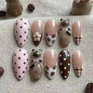 3D Cat Coffee Bean Press On Nails: Kawaii Handmade Latte Art Gel Nails