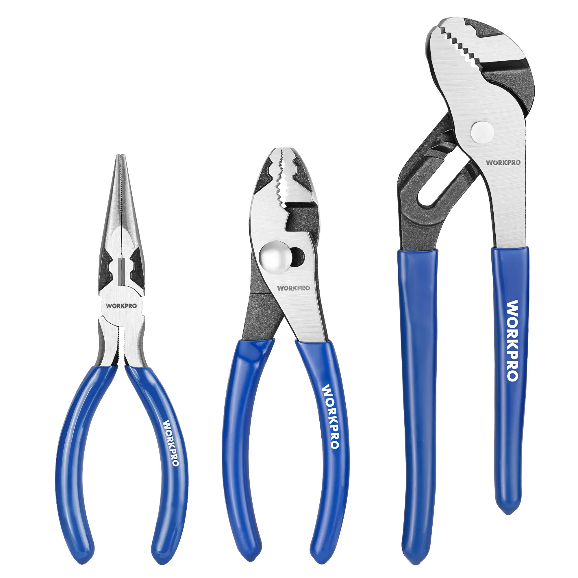 WORKPRO Pliers Set, 3-Piece Plier Tool Set with Soft Handle, 6" Needle Nose, 6" Slip Joint, 8" Groove Joint Plier for DIY & Home Use