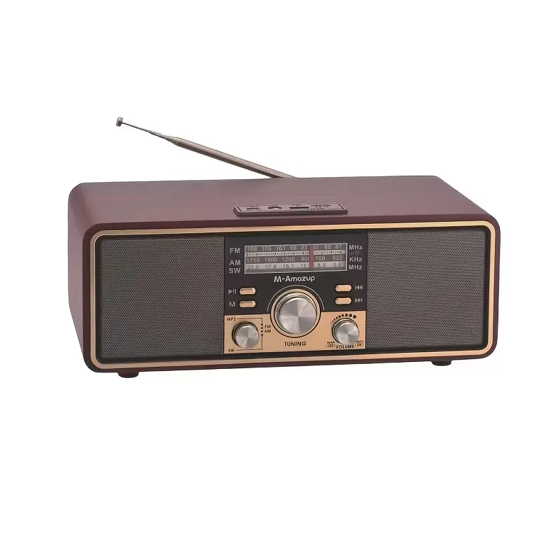 M-Amazup wooden vintage tabletop radio, Bluetooth 5.1 with AM/FM/SW multiband receiver, USB TF card MP3 player and TWS stereo speaker, rechargeable 18650 lithium battery, portable retro audio for morning commutes and highway road trips, Wireless, Device,