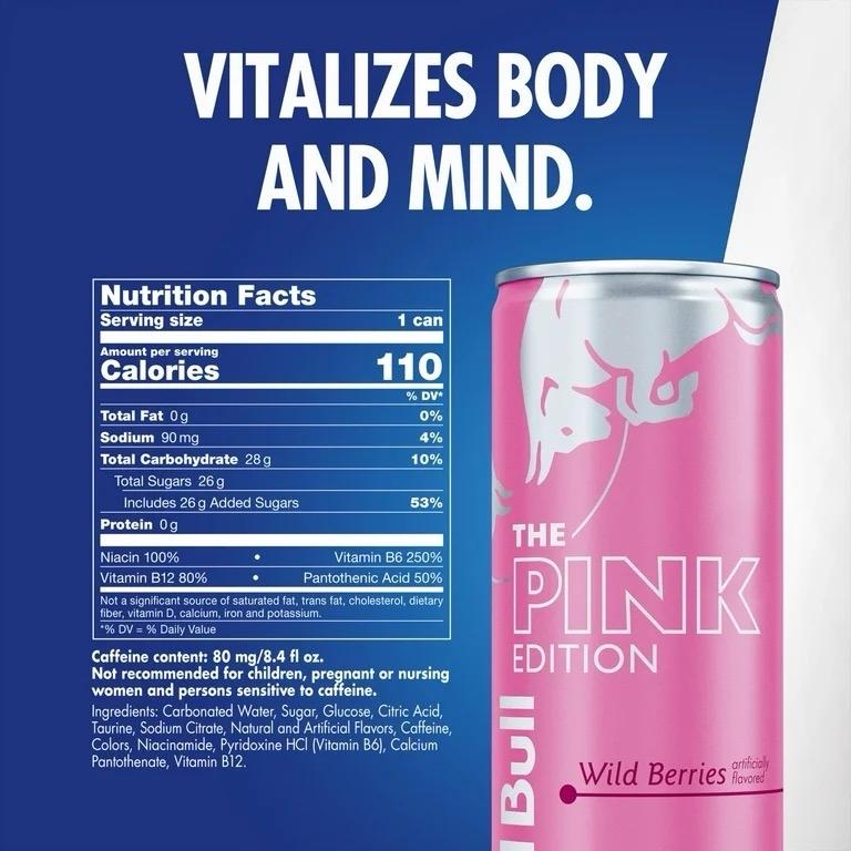 Red Bull Pink Edition Energy Drink, Wild Berries, 8.4 fl. oz., Pack of 24 cans, with 80mg Caffeine, Taurine & B Vitamins
