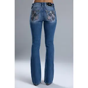 MissMe Ahmeira Cross Bootcut Jeans - Y2K Inspired Slim Bootcut with Sculpting Fit, Leg-Lengthening Shape, Vintage Wash Denim & Feminine Goth Embroidered Back Detail