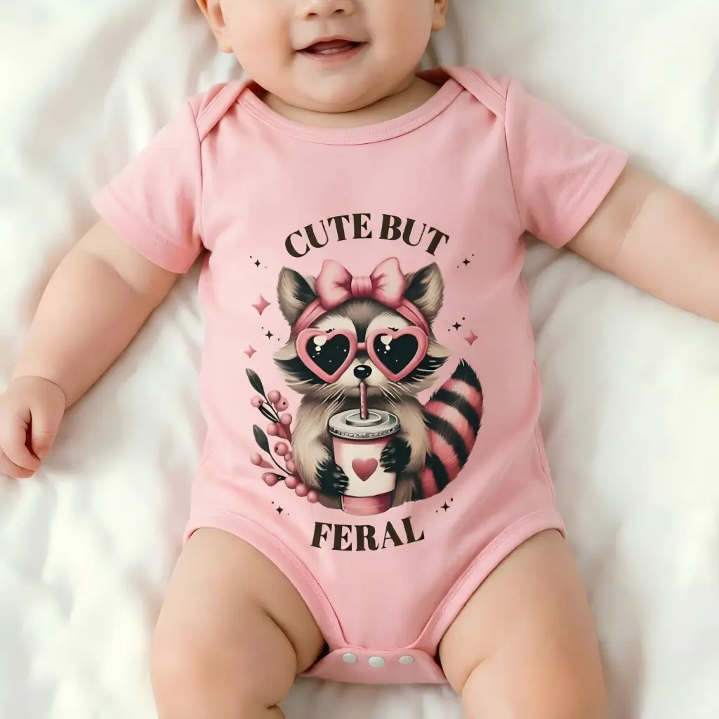 Cute But Feral Raccoon Baby Romper Funny Graphic Bodysuit for Infant Sarcastic Summer Onesie
