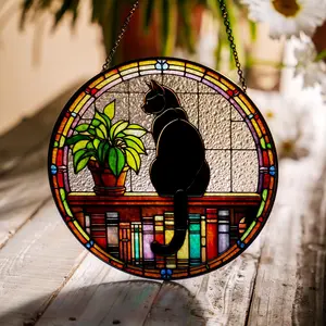Black Cat and Book Glass Suncatcher, Book Lover Gift, Window Hanging, Black Cat Stained Glass Sign