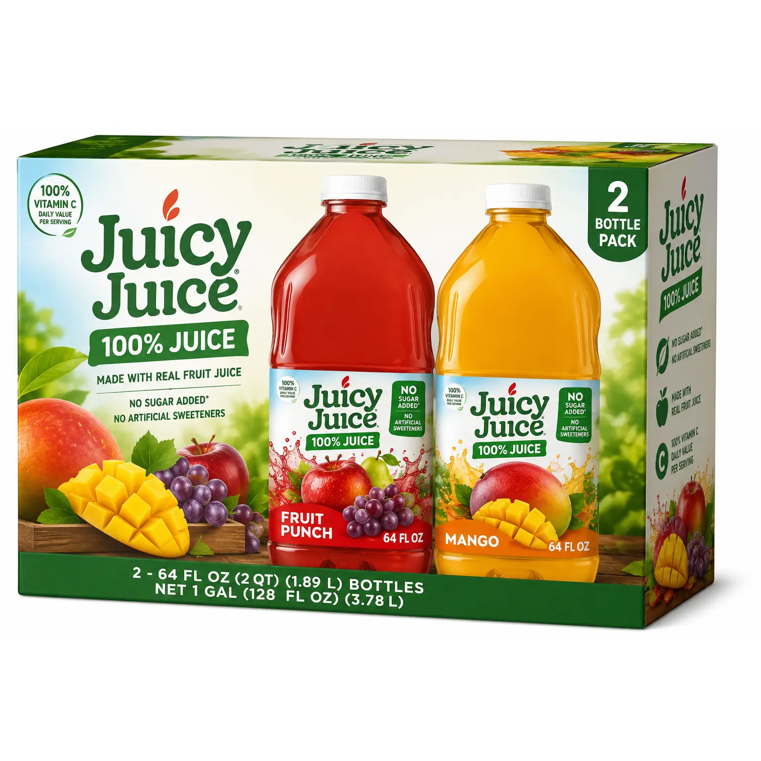 Juicy Juice 100% Juice Variety Pack - 2 Bottles of Mango & Fruit Punch - 64 fl oz Each - No Added Sugar - Perfect for Family & Events