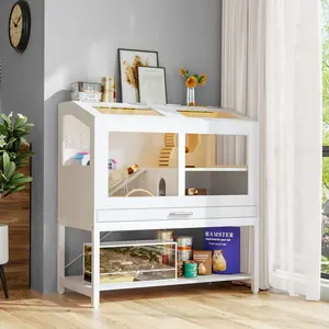 Split-Top Hamster Mansion: Independent Lid Access + Storage Drawer/Cabinet - Anti-Tip White Design