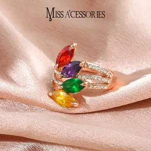 Multicolor Marquise Crystal Ring | Sparkly CZ Stacked Rose Gold Tone | Viral Rainbow Gem Statement Ring | Y2K Party Wear for Women | Trendy Colorful Crystal Cluster Ring | Dainty Rhinestone Band