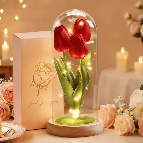 Graduation Gift Tulip Preserved Flower with LED Night Light, Glowing Artificial Flower Decor, decorative led light, Bedroom Desk Lamp, Flower Design Lamp, Creative Gift for Her, Atmosphere Lighting