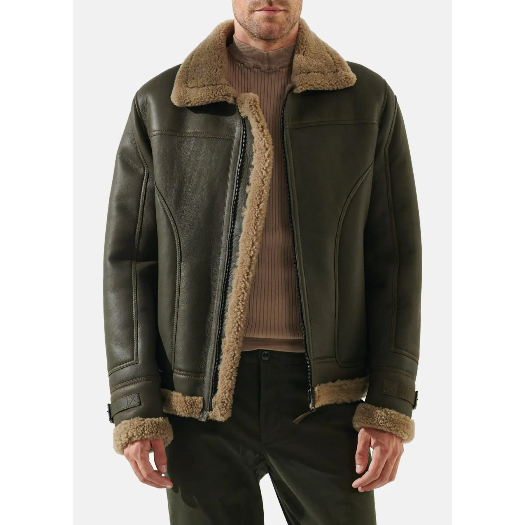 Mens Moss Green Shearling Leather Jacket