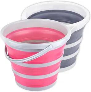 Collapsible Bucket 10L 2.6 Gallon Cleaning Bucket Mop Bucket Folding Foldable Portable Small Plastic Water Supplies for Outdoor Garden Camping Fishing  Wash Space Saving Grey and Pink