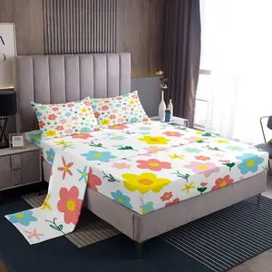 Cute Flower Bed Sheets Set for Kids Boys Girls,Kawaii Cartoon Floral Sheet Set,Colorful Flower Sheets,Red Yellow Blue Flat Fitted Sheet Deep Pockets