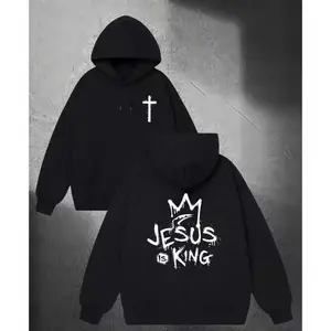 Black Hoodie With White Cross And "Jesus Is King" With Dripping Crown Graphic