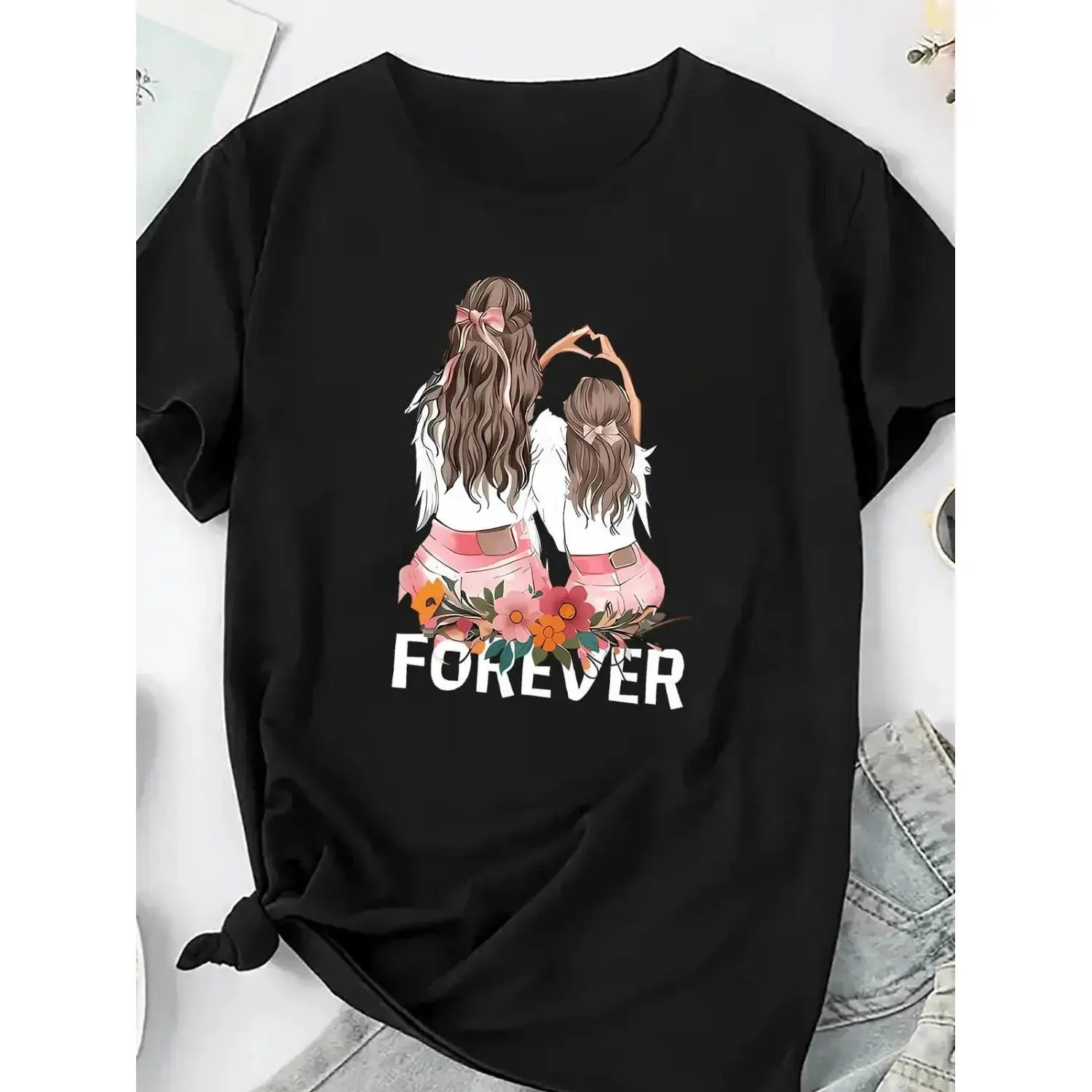 Women's Timeless Mother-Daughter Graphic T-Shirt, Casual Fit Short-Sleeve Knit Polyester Crew Neck Top, All-Season Comfort Wear, Shortsleeve, Tshirt, Fitted