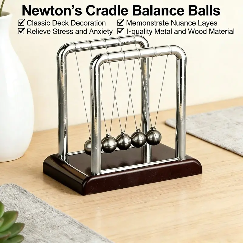 New Swinging Newton Cradle Physics Pendulum Balls - Stress Relief Decorative Desk Decor, Educational Science Gadget, Office Desktop Ornament & Unique Gift for Colleagues, Friends & Family