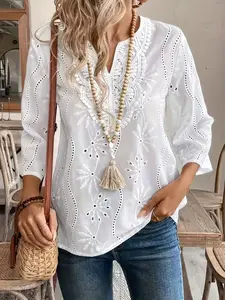 Spring Summer New Women's Loose V-Neck Lace Embroidery Shirt, Casual Fashion Top, Comfortable and Stylish, Perfect for Daily Wear