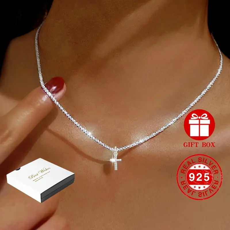 Fine 925 Silver Mosaic Cross Pendant Necklace with Natural Stone, Unisex Adults' Daily All-Seasons Boho Casual Jewelry, Gift-Ready, 40cm
