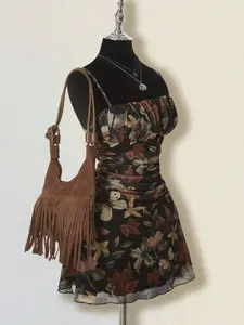 Women's Vintage Maple Leaf Print Pleated Mini Dress, Retro Style, Casual Fashion, Perfect for Spring and Fall, Stylish and Comfortable