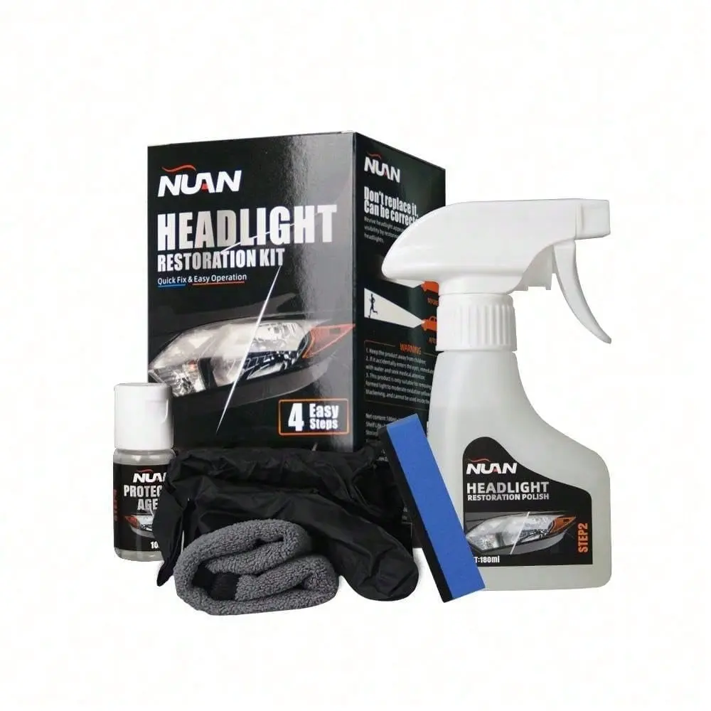NUAN Headlight Restoration Kit - 4 Easy Steps for Quick Fix & Easy Operation - Includes Polish, Gloves, & Microfiber Cloth