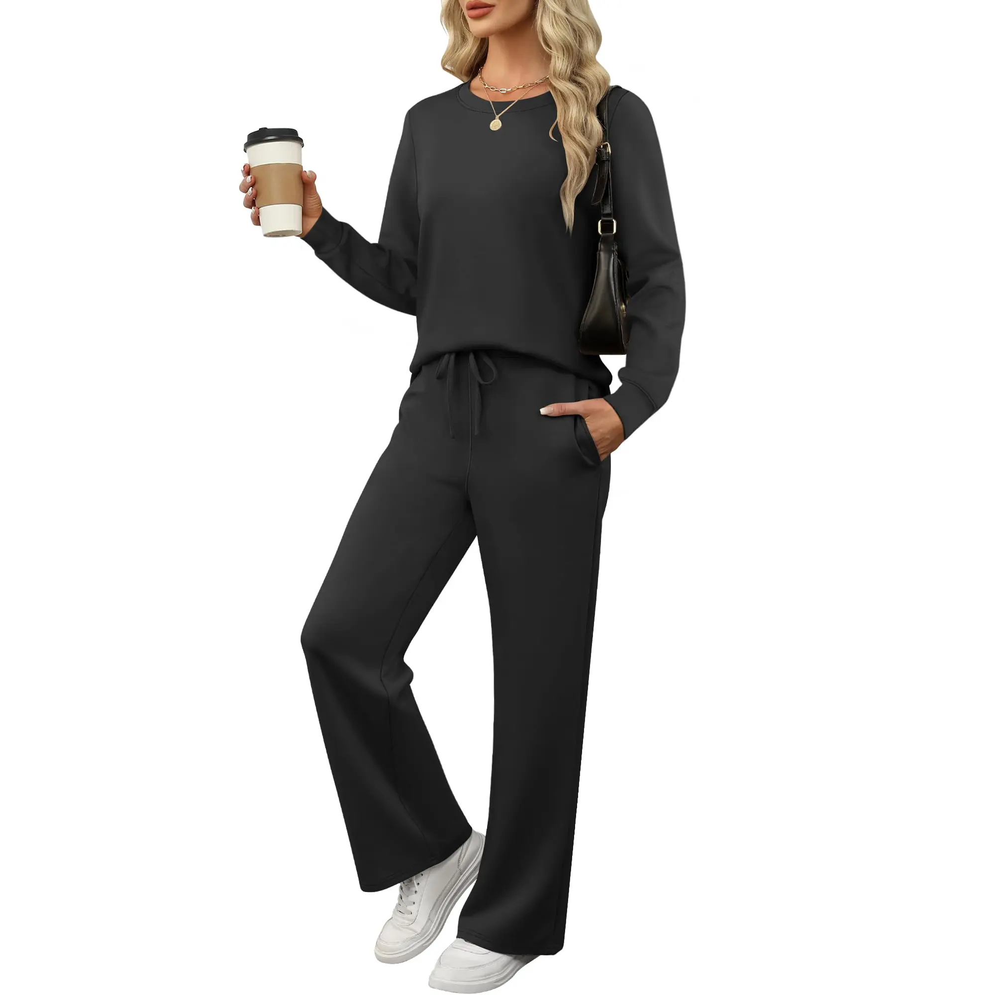 ANRABESS Womens 2 Piece Outfits Long Sleeve Sweatsuit Wide Leg Pants Set Lounge Travel Fashion Tracksuit Clothes 2026 Fall