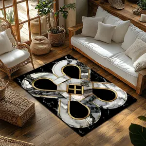 Luxury 2D Marble Geometric Flannel Area Rug - Black & White with Gold Accent Print Soft Mat for Living Room & Bedroom, Non-Slip Modern Home Decor #LuxuryMarbleRug #2DGeometricMat #GoldAccentDecor #ModernHomeDecor #NonSlipFlannelRug