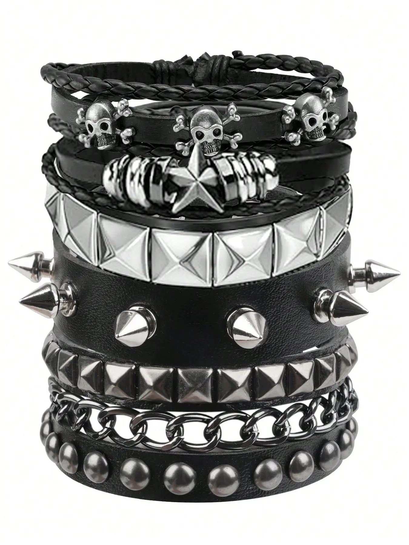 Punk Rock Rivet Bracelet Set, Vintage Y2K Sleeve Bracelets, PU Leather Wristbands, 5 Pieces, Bold Statement Jewelry, Punk Style Jewelry, Trendy Accessory, Fashion Cool Accessories, Stackable Bracelets, Spiked Studded Bracelet, Fashion Accessories