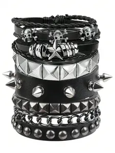 Punk Rock Rivet Bracelet Set, Vintage Y2K Sleeve Bracelets, PU Leather Wristbands, 5 Pieces, Bold Statement Jewelry, Trendy Accessory, Stackable Bracelets, Spiked Studded Bracelet