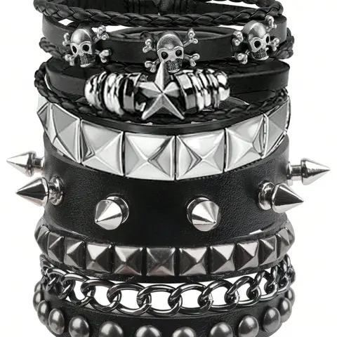 Punk Rock Rivet Bracelet Set, Vintage Y2K Sleeve Bracelets, PU Leather Wristbands, 5 Pieces, Bold Statement Jewelry, Punk Style Jewelry, Trendy Accessory, Fashion Cool Accessories, Stackable Bracelets, Spiked Studded Bracelet, Fashion Accessories