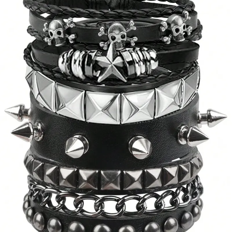 Punk Rock Rivet Bracelet Set, Vintage Y2K Sleeve Bracelets, PU Leather Wristbands, 5 Pieces, Bold Statement Jewelry, Punk Style Jewelry, Trendy Accessory, Fashion Cool Accessories, Stackable Bracelets, Spiked Studded Bracelet, Fashion Accessories