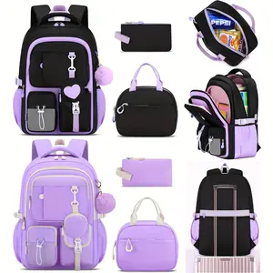 3pcs Heart-Shaped Casual Backpack Handbag Set, Fashionable Black with Purple Backpack, 15.-Inch Laptop Backpack, Large Capacity Multiple Compartments, Beach Outdoor Camping Travel Bag with Trolley Sleeve, Campus Storage Travel Bag