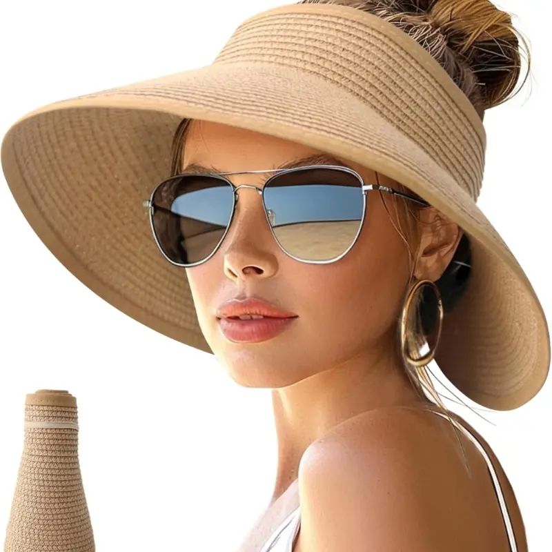 Women's sun hat with wide brim, straw-woven, curly ponytail design, beach sunbathing hat, foldable travel visor sun hat, an essential item for vacation and travel