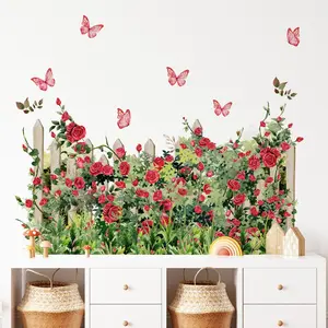 One Set (30*90cm*2pcs) Watercolor Rose Garden Fence Skirting Line Wall Stickers, Romantic Pastoral Themed Self-Adhesive Wall Decor Decals