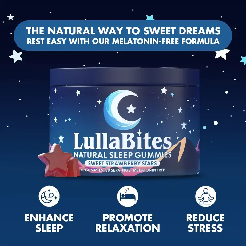 LullaBites Natural Sleep Gummies, Melatonin Free Sleep Aid, Sweet Strawberry Star Shaped Soft Chews, Natural Calm Support for Restful Night, Non-Habit Forming, 30 Servings natural sleep gummies, sleep aid gummies, calming chewables, bedtime supplement