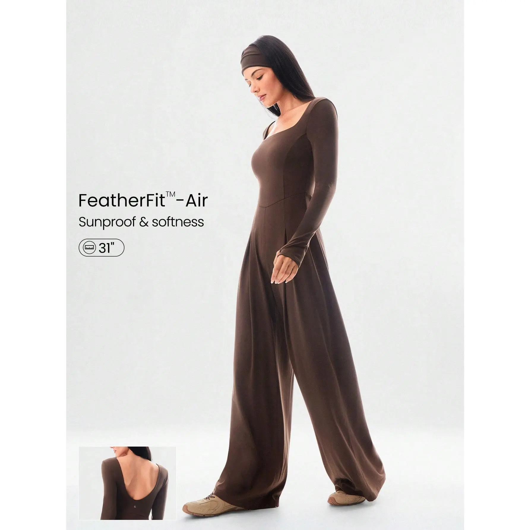GLOWMODE FeatherFit-Air Sunproof Work And Flow Square Neck Open  U-Back Wide Leg Long Sleeve Bodysuit With Thumbholes Daily Casual Wear Removable Cups