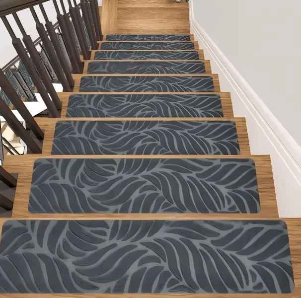 15-Piece Soft Non-Skid Self-Adhesive Stair Treads for Wooden Steps (8in x 30in), Modern Dark Grey Leaf Pattern Safety Carpet for Home Daily Use (Kids), Machine Washable, Packaged in a Box