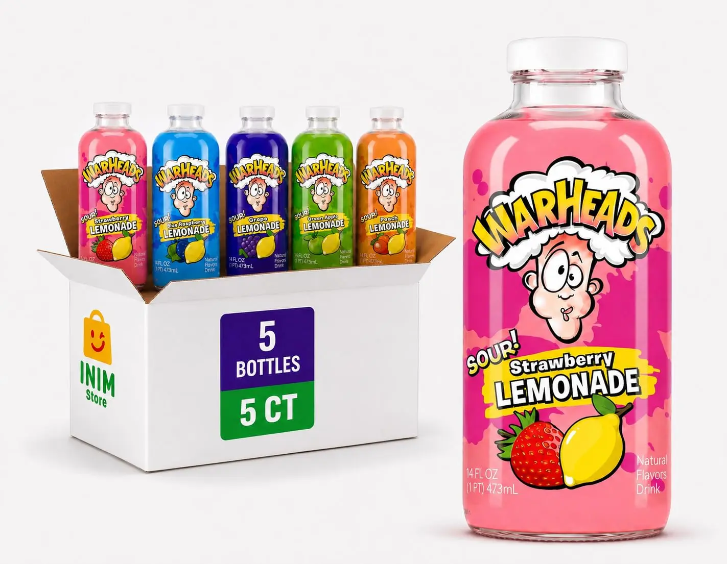 Warheads Sour Lemonade Variety Pack, 5 x 16 fl oz Bottles, Assorted Fruit Flavors, Ready to Drink Sour Lemonade Beverage, Party Drink Pack
