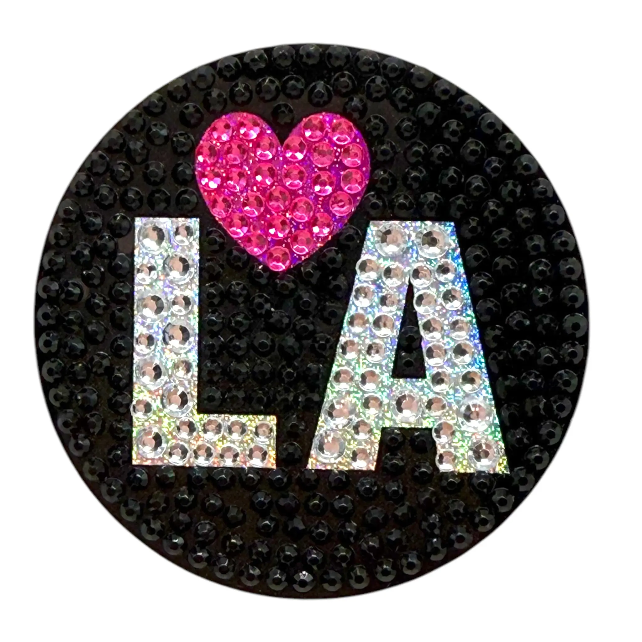 Rhinestone LOVE for LA Sticker 2 Inches by 2 Inches Cut to Shape Adhesive Backing Black Background Heart Design