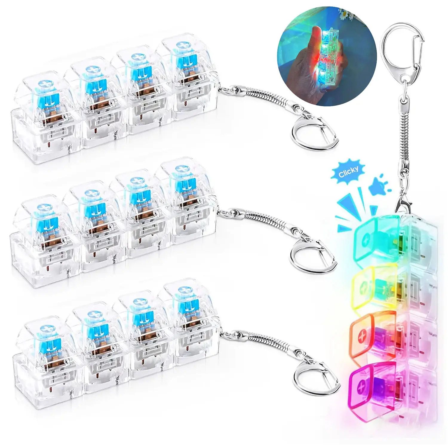 Mechanical Keyboard Keychain Decorations with LED Glowing Lights, Stress Relief Fingertip Clicker with Transparent Crystal Keycaps, Fingertip Fidget Toys and Fun Pendant for Kids and Adults, Funny Gifts, Easter Sunday Gifts, Mother's Day Gifts