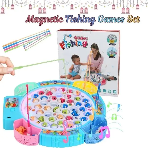 Unisex Kids' Magnetic Fishing Board Game - BPA-Free Educational Learning Toy for 3-4 Years, 45 Fish Shapes, 8 Poles, LED Music Rotating Board, Safe Plastic, Memory Training & Observation Inclusive Fun